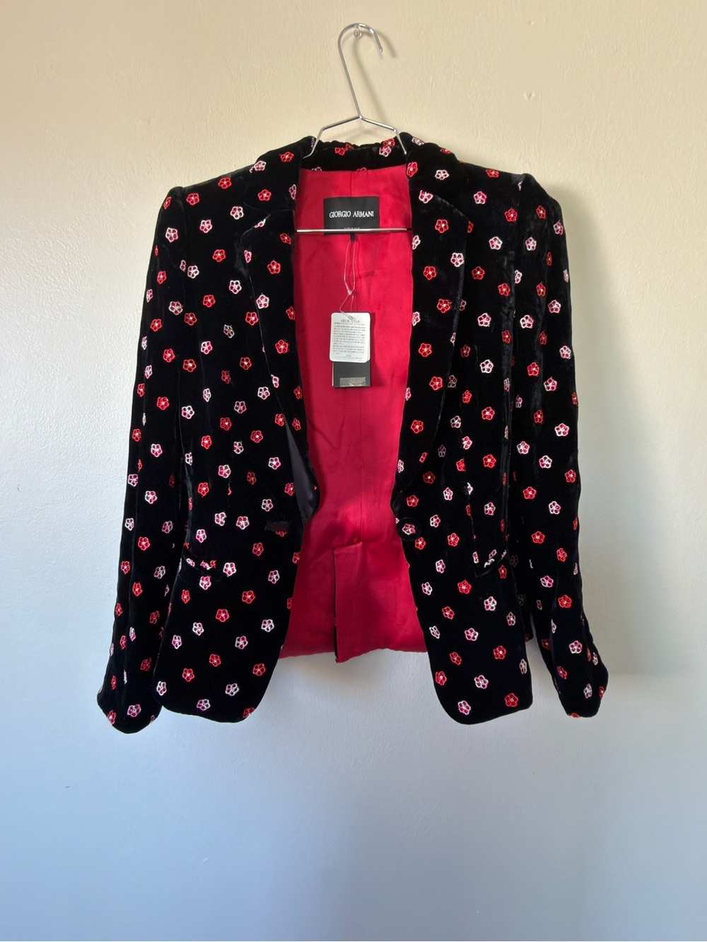Giorgio Armani Black Velvet Blazer with Red and White Floral Embroidery